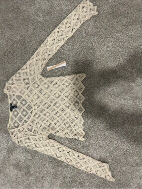 Aqua Crochet Openwork Long Sleeve Top - Cream